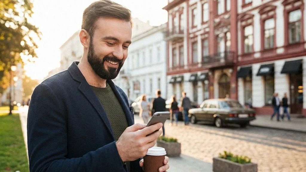 A young bearded male in a grey T-shirt and blue blazer stands outside next to some trees and buildings and looks at his phone, reading an article about the TransferGo BLIK article