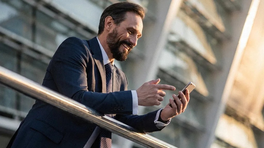 A bearded male in a suit smiles as he reads an article on his phone about TransferGo vs Luminor Business
