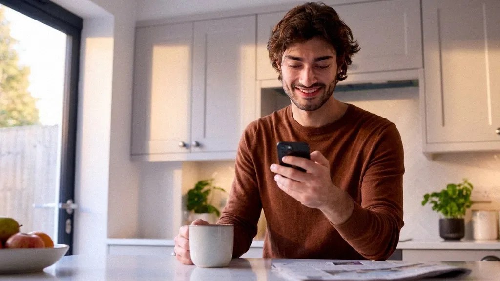 A young man smiles to himself as he stands in his kitchen reading the TransferGo vs Revolut Business comparison article on his mobile phone