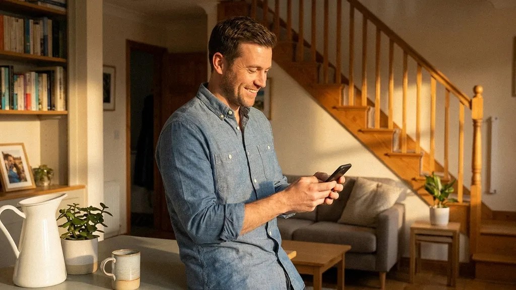 A young man in a blue shirt smiles at the camera, whilst reading an article on his mobile about TransferGo vs SEB Business