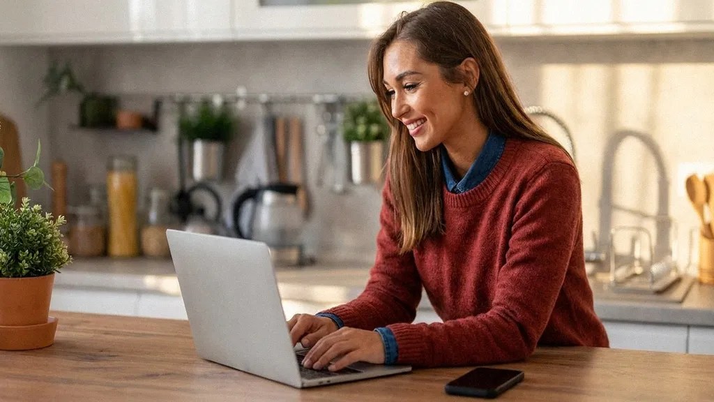 A young female smiles in her kitchen, whilst leaning on her kitchen top and reading an article on her laptop about 'TransferGo vs SEB Business'