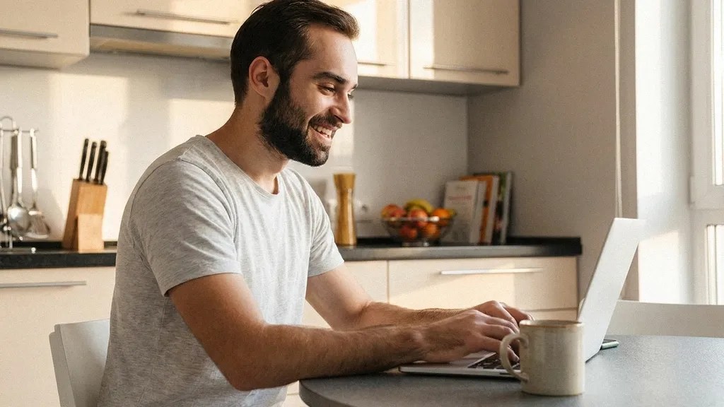 A man in a white T-shirt sits at a desk reading an article on his laptop about the benefits of TransferGo vs Wise Business