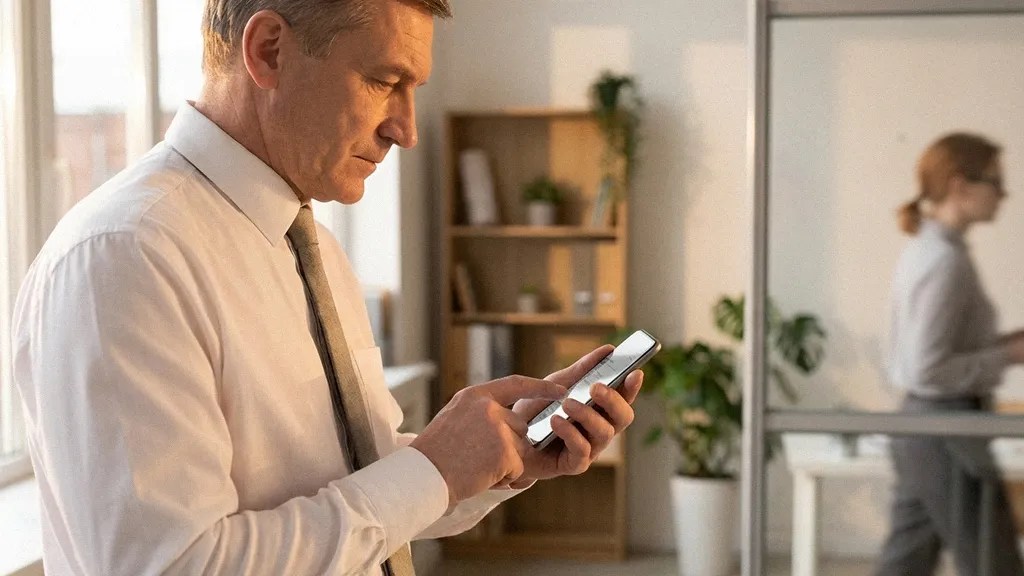 A man in a white shirt stands in his office, reading an article on his mobile phone about 'What are b2b payments?'