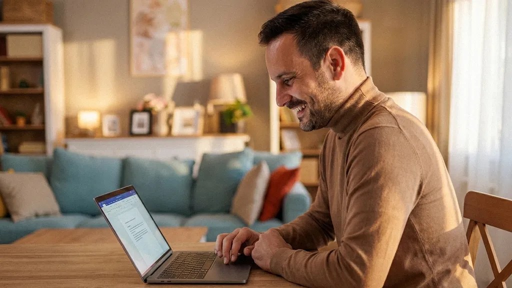 A young male wearing a beige jumper sits at his living room table reading an article on his laptop about the Wise business account