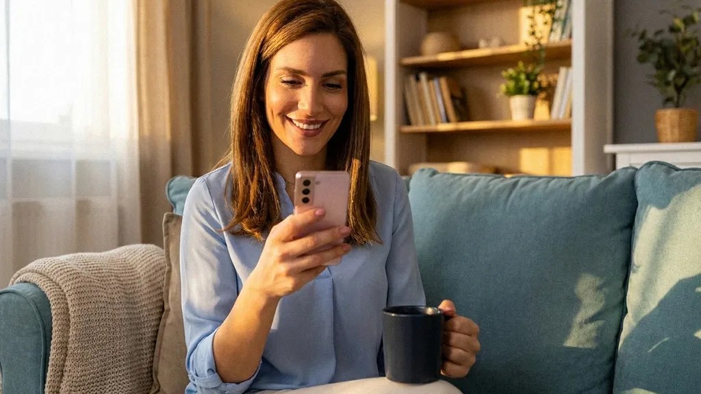 A young brunette female sits on the sofa with a mug of tea, reading an article about the Wise business account