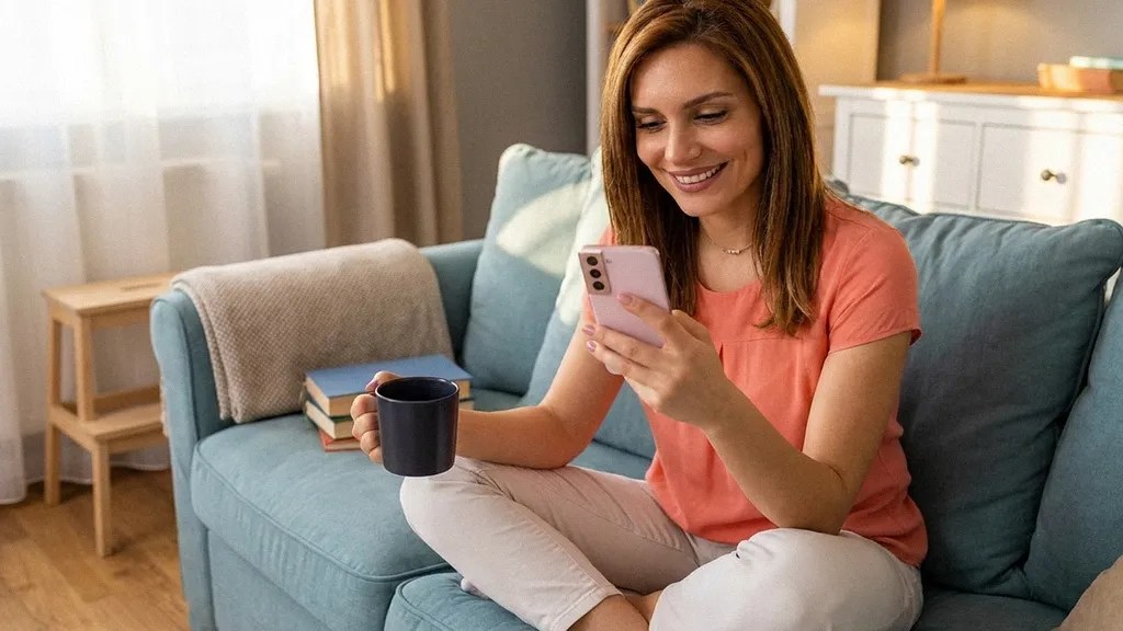 A young brunette female sits on the sofa with a mug of tea, reading an article about the Wise business account