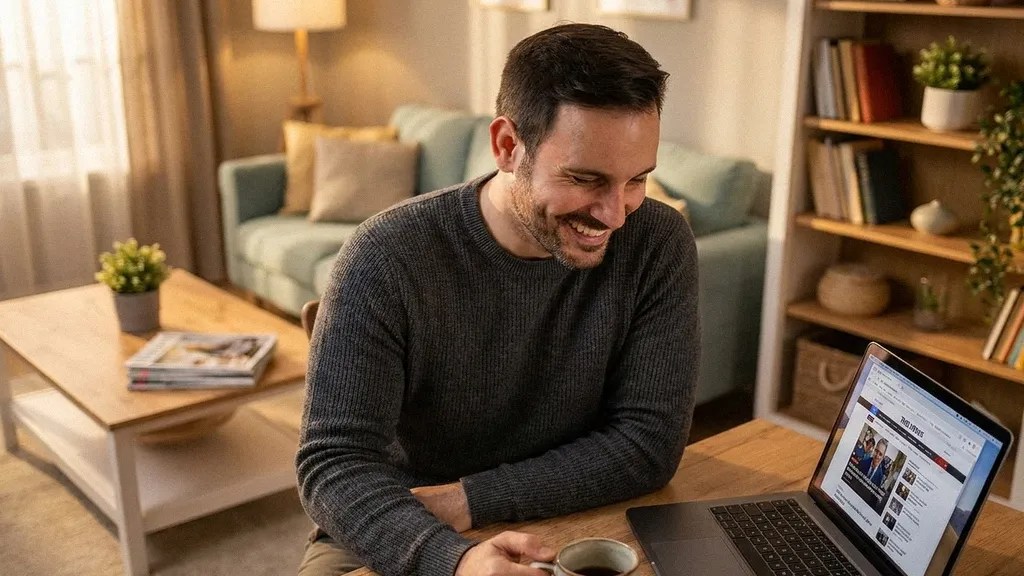 A young male wearing a beige jumper sits at his living room table reading an article on his laptop about the Wise business account