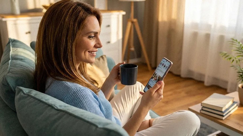 A young brunette female sits on the sofa with a mug of tea, reading an article about the Wise business account
