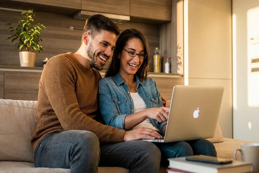 A smiling couple comparing wise v remitly on their laptop